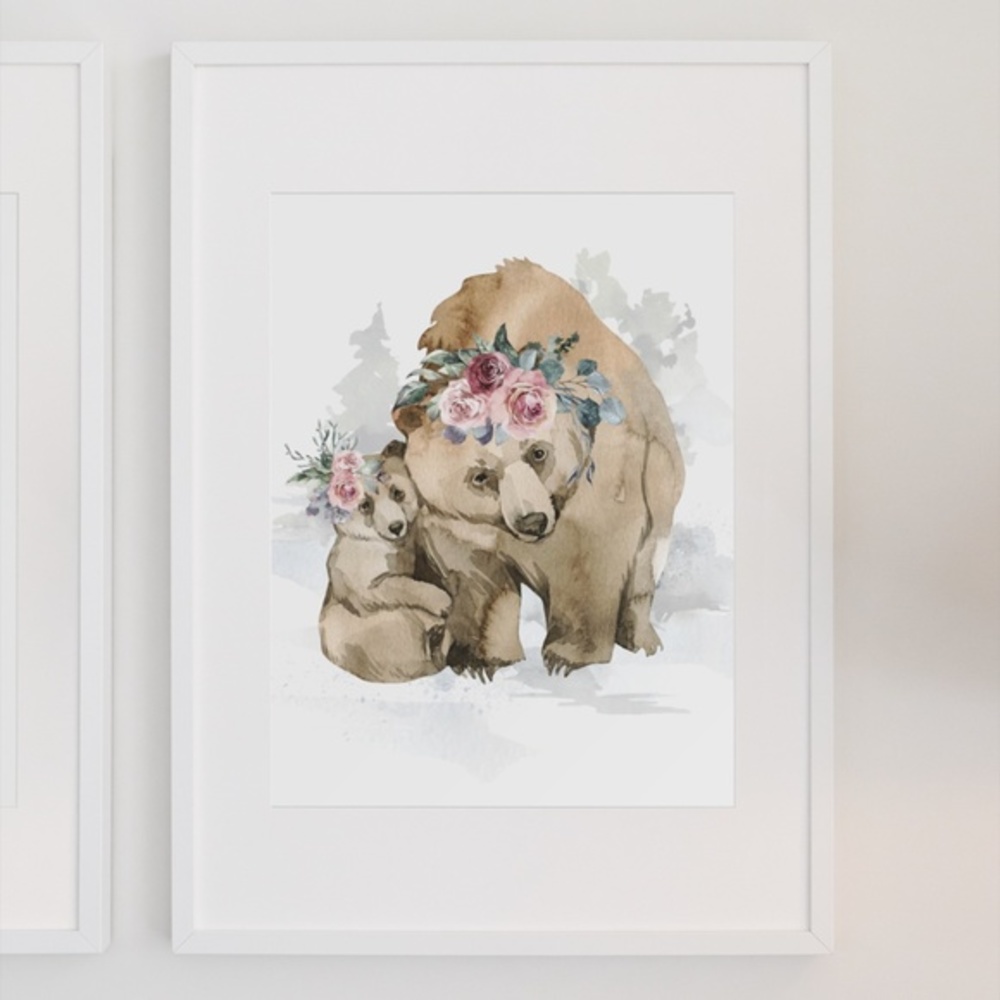 Watercolor Mama and Baby Bear Portrait Wall Art Illustration Print Unframed - Picture 4 of 11